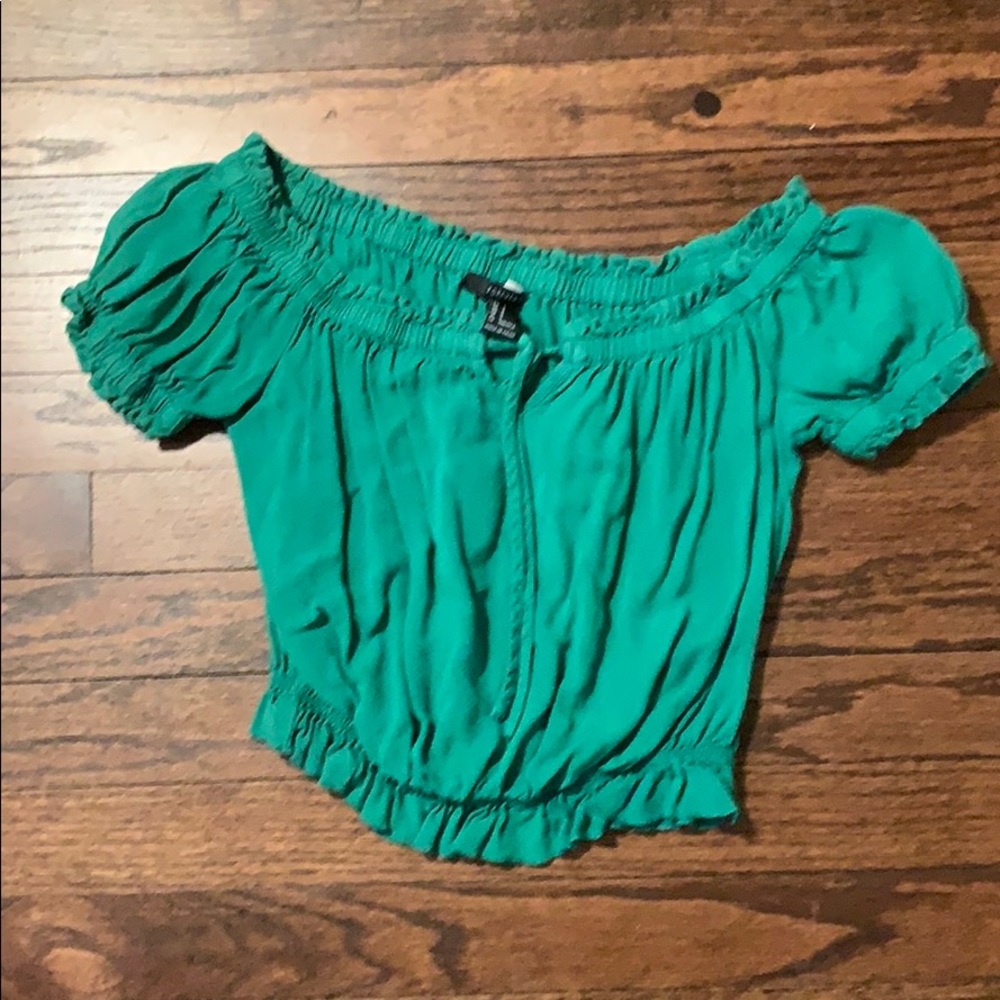 FOREVER21 GREEN OFF THE SHOULDER PEASANT TOP